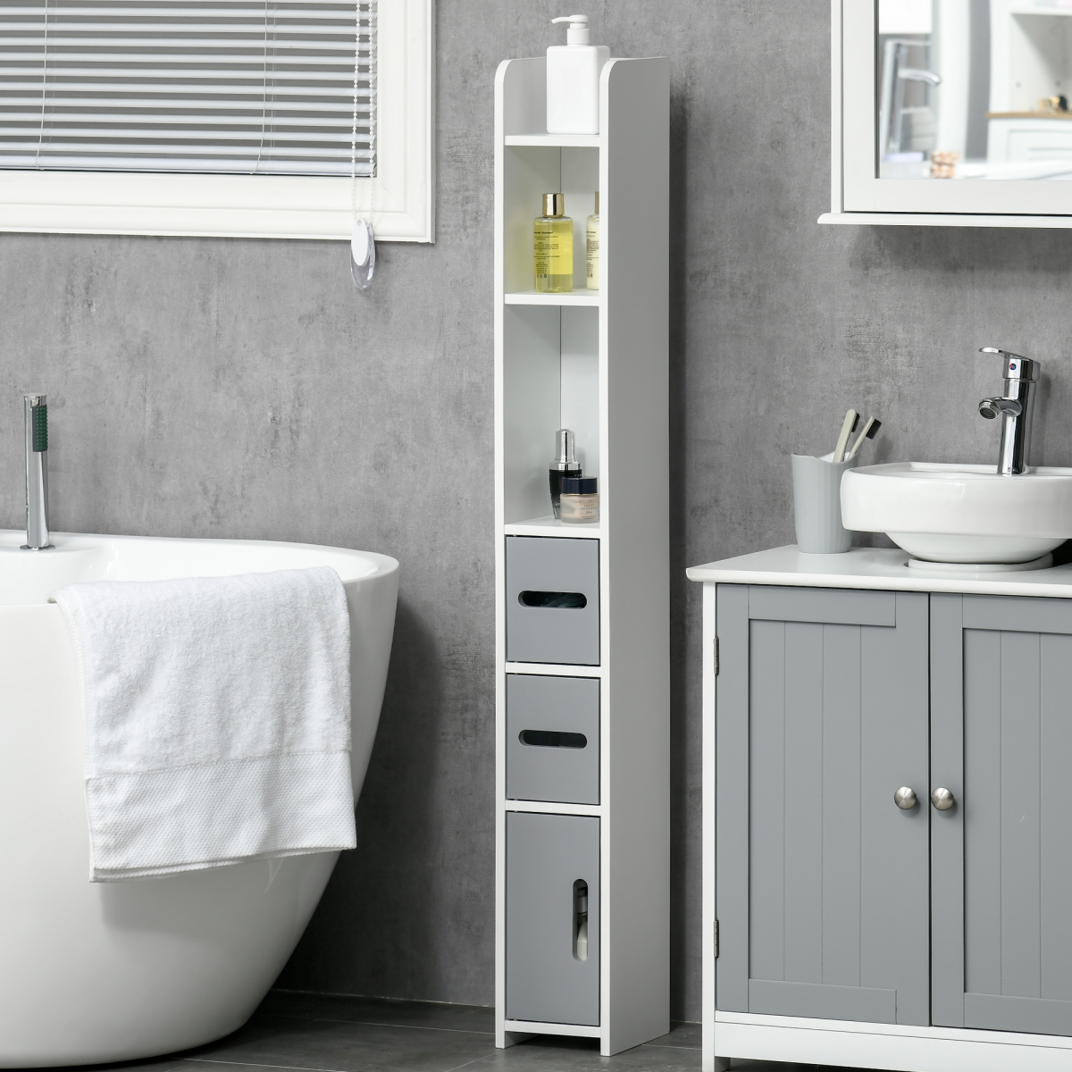 kleankin Freestanding Tall Bathroom Cabinet with Open Shelves and 3 Cupboards, Grey