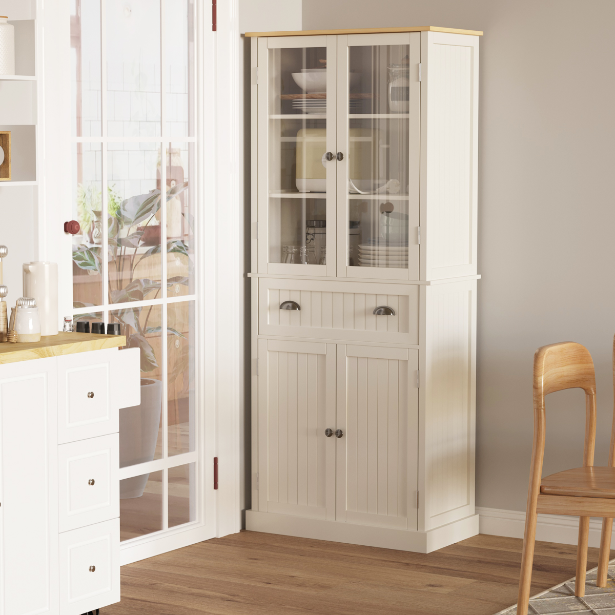 Kitchen Pantry Storage Cabinet, 5-Tier Adjustable Shelves, 4-Door with Drawer