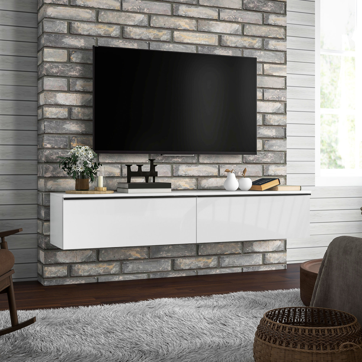 HOMCOM Wall Mounted Floating TV Stand with 2 Cupboards, White, for TVs up to 70