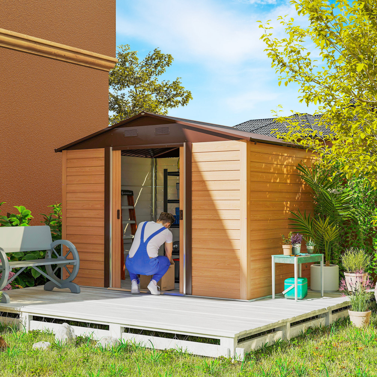 Outsunny Lockable Garden Shed with Sliding Doors, Wood Effect