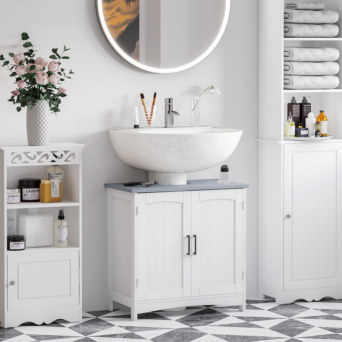 Kleankin Pedestal Under Sink Bathroom Cabinet, White, Storage Vanity Unit with Adjustable Shelf