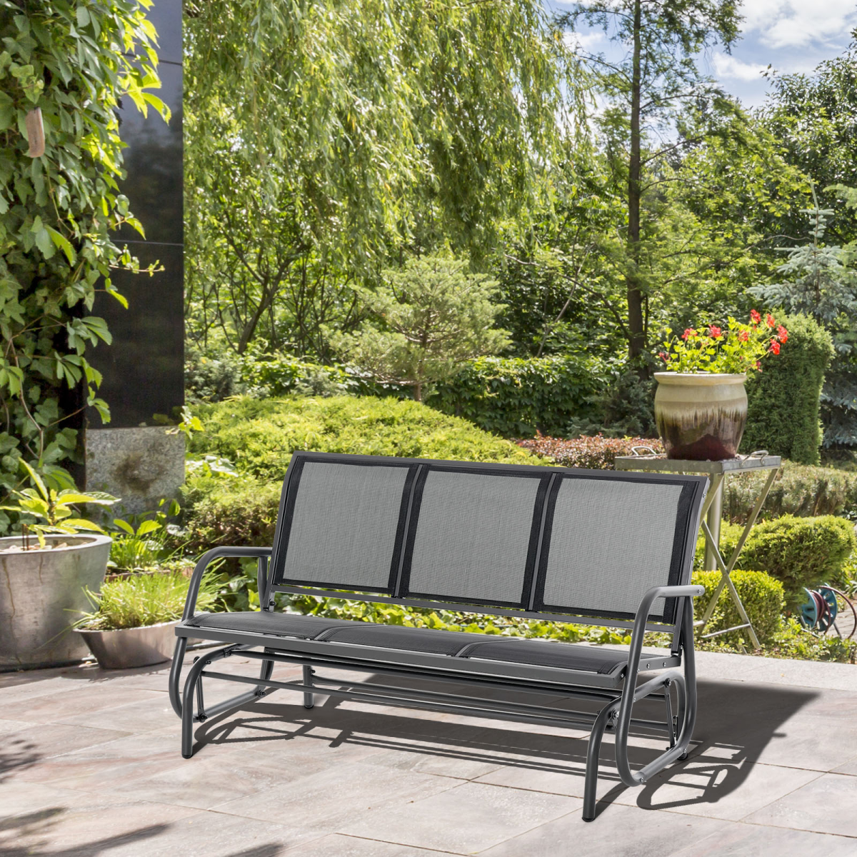 Outsunny 3-Seat Patio Glider Bench, Breathable Texteline, Metal Frame
