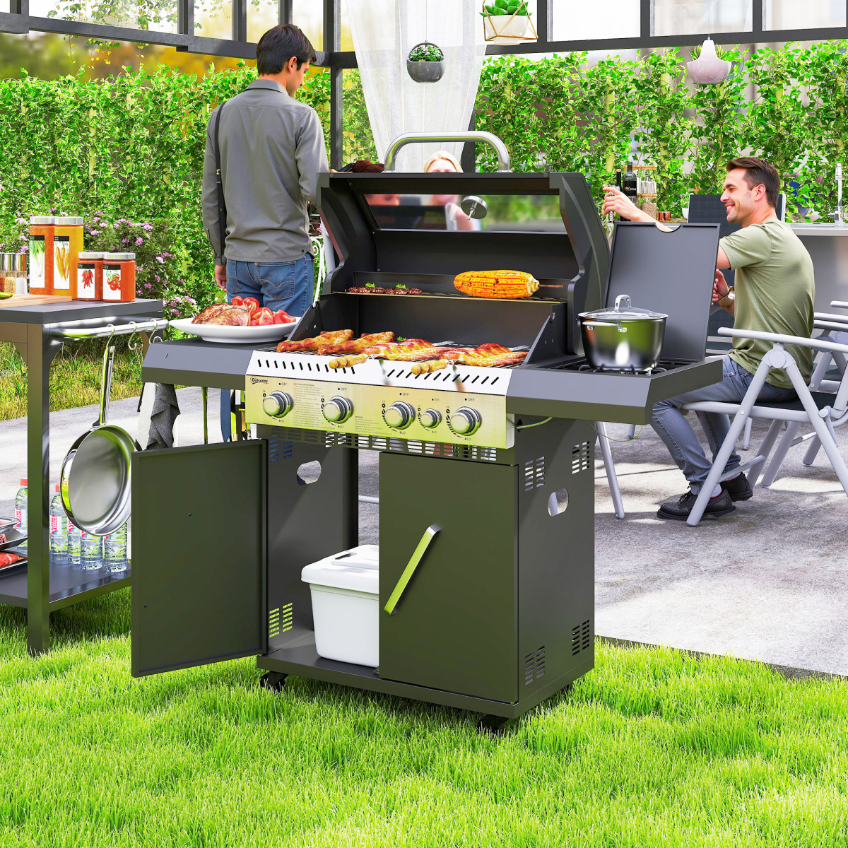 Outsunny 4+1 Burner Gas BBQ Grill with Clear View Lid & Thermometer