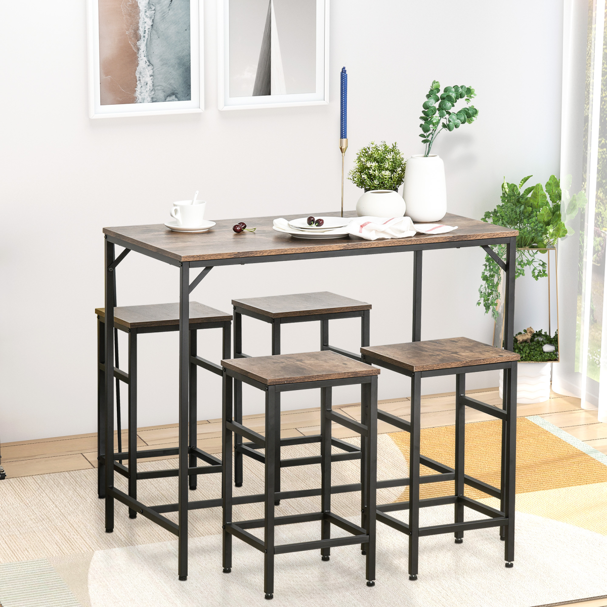 HOMCOM 5-Piece Space-Saving Bar Dining Set with Table and 4 Stools, Rustic Wood and Dark Metal
