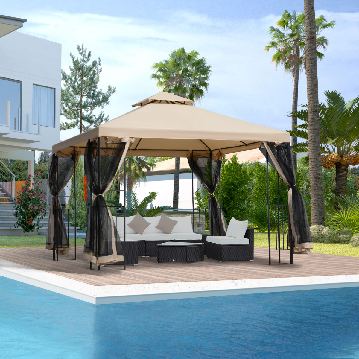 Outsunny 3x3m Outdoor Gazebo Tent with Netting, 2-Tier Roof