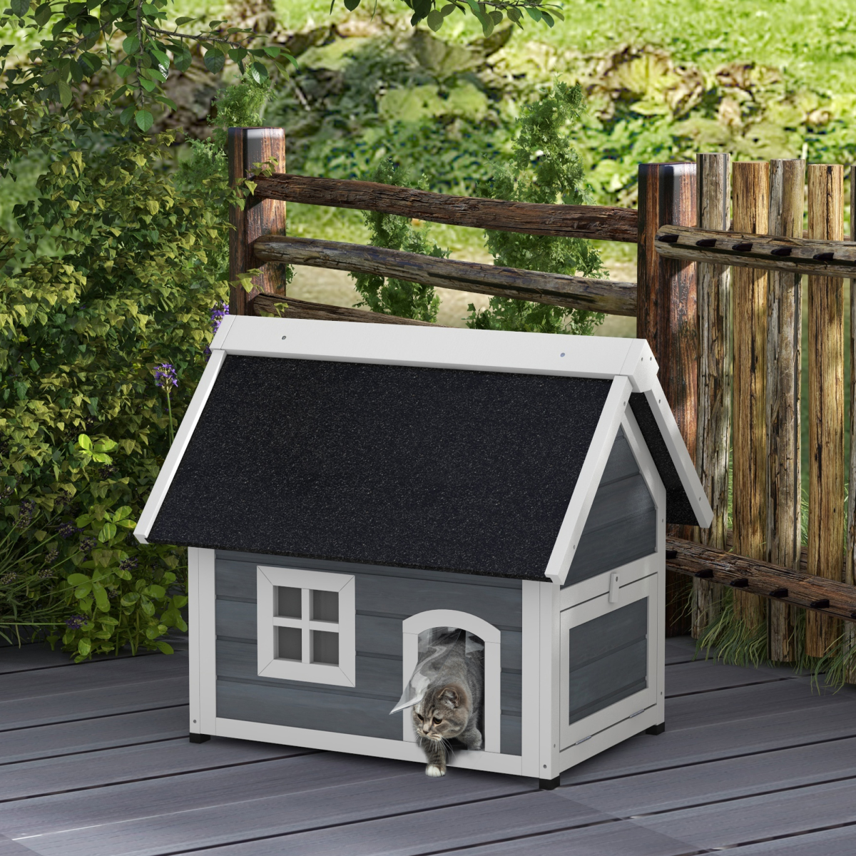 PawHut Outdoor Feral Cat House with Openable Asphalt Roof, Grey