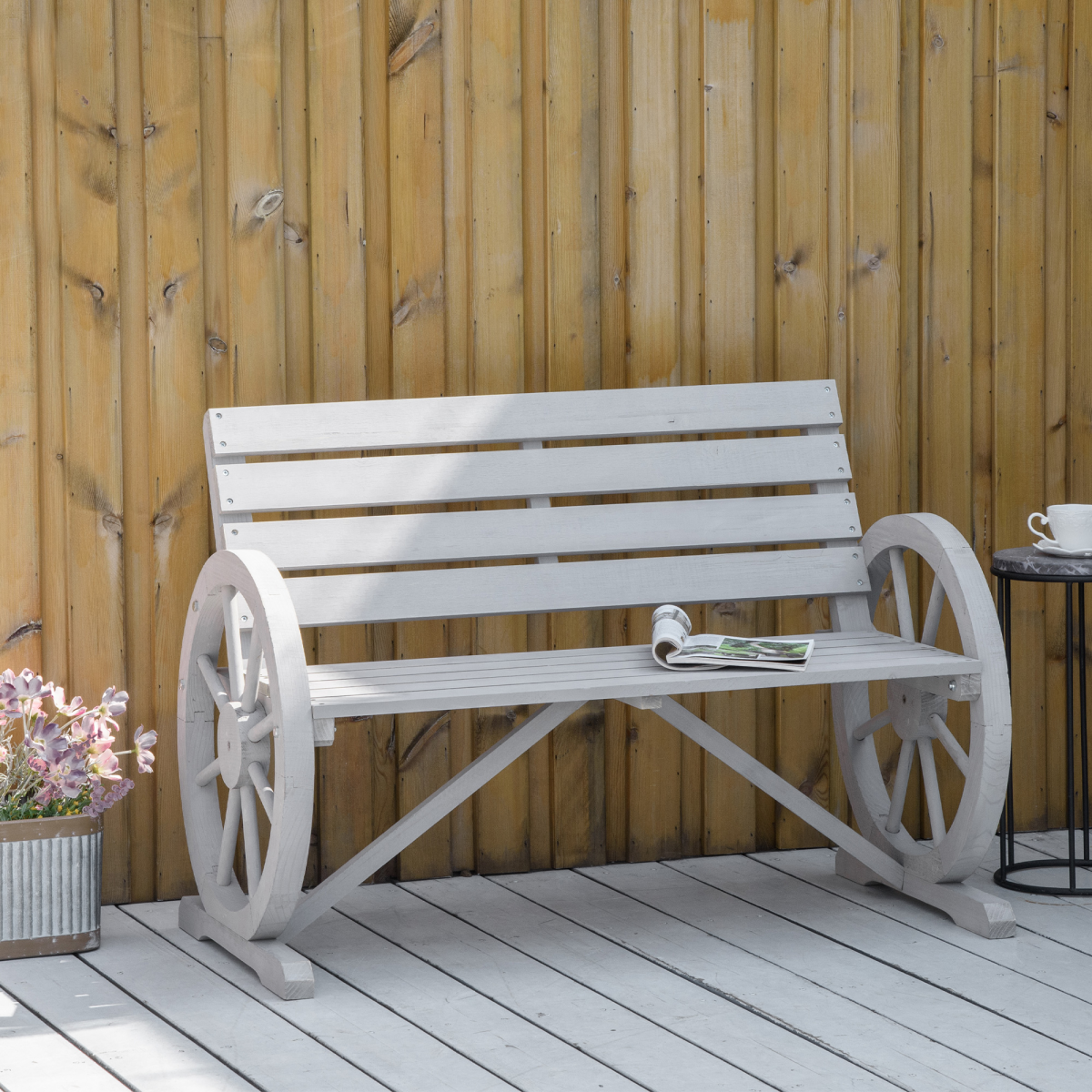 Outsunny 2-Seater Solid Fir Wood Garden Bench with Wagon Wheel Armrests, High Back, Grey