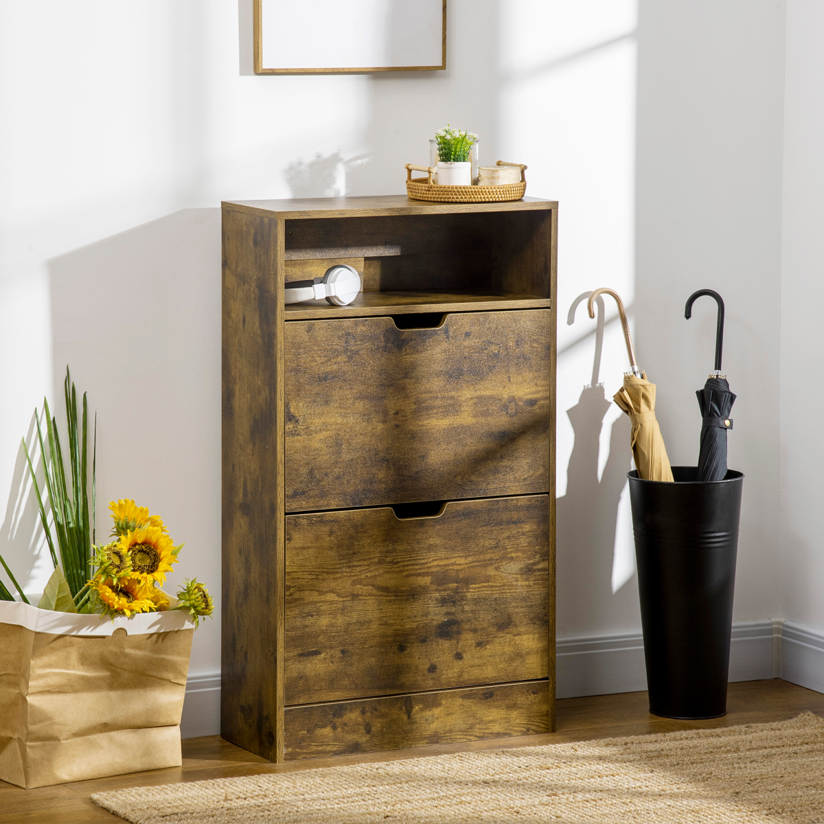 Rustic 2-Tipping-Door Shoe Cabinet with Adjustable Dividers and Open Shelf