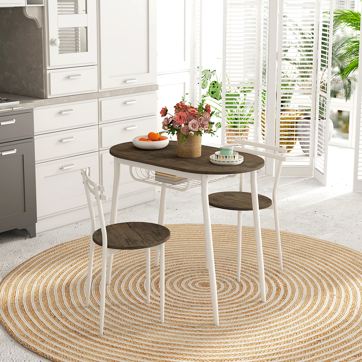 HOMCOM 3-Piece Dining Table and 2 Chairs Set, Oval Kitchen Table with Storage Shelf, Natural