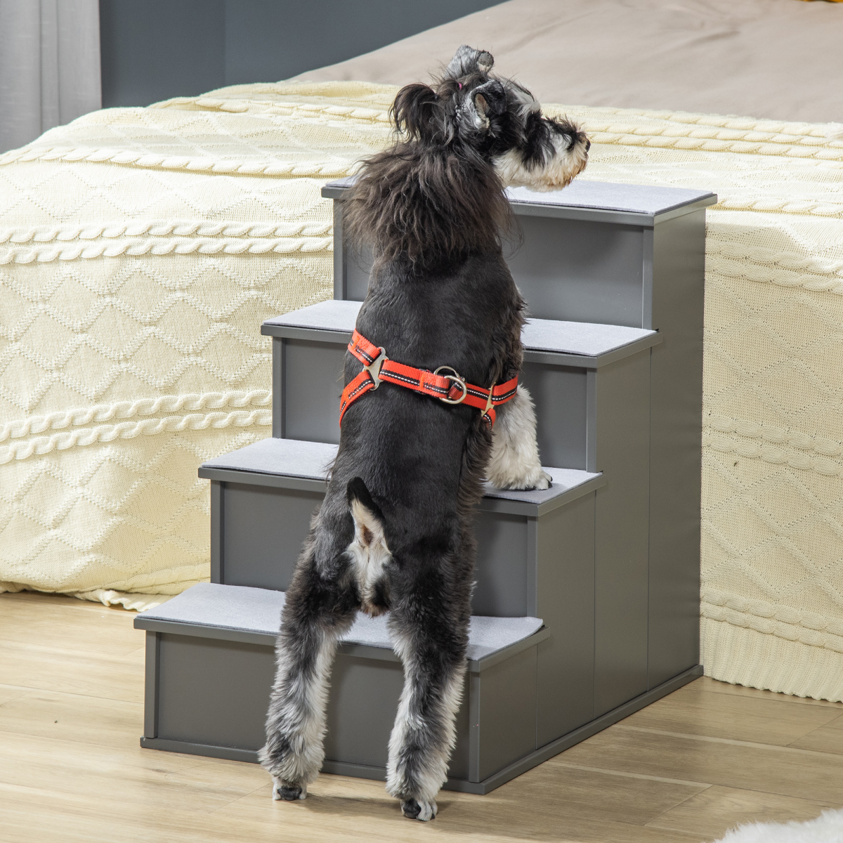 4 Step Wooden Pet Stairs for Dogs and Cats, Grey, for Bed and Couch