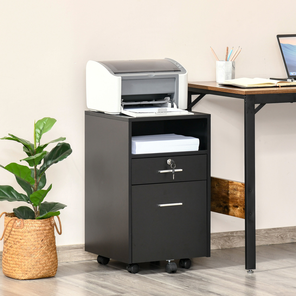 Mobile Lockable File Cabinet with 5 Wheels, Small Drawer and Open Shelf, Black