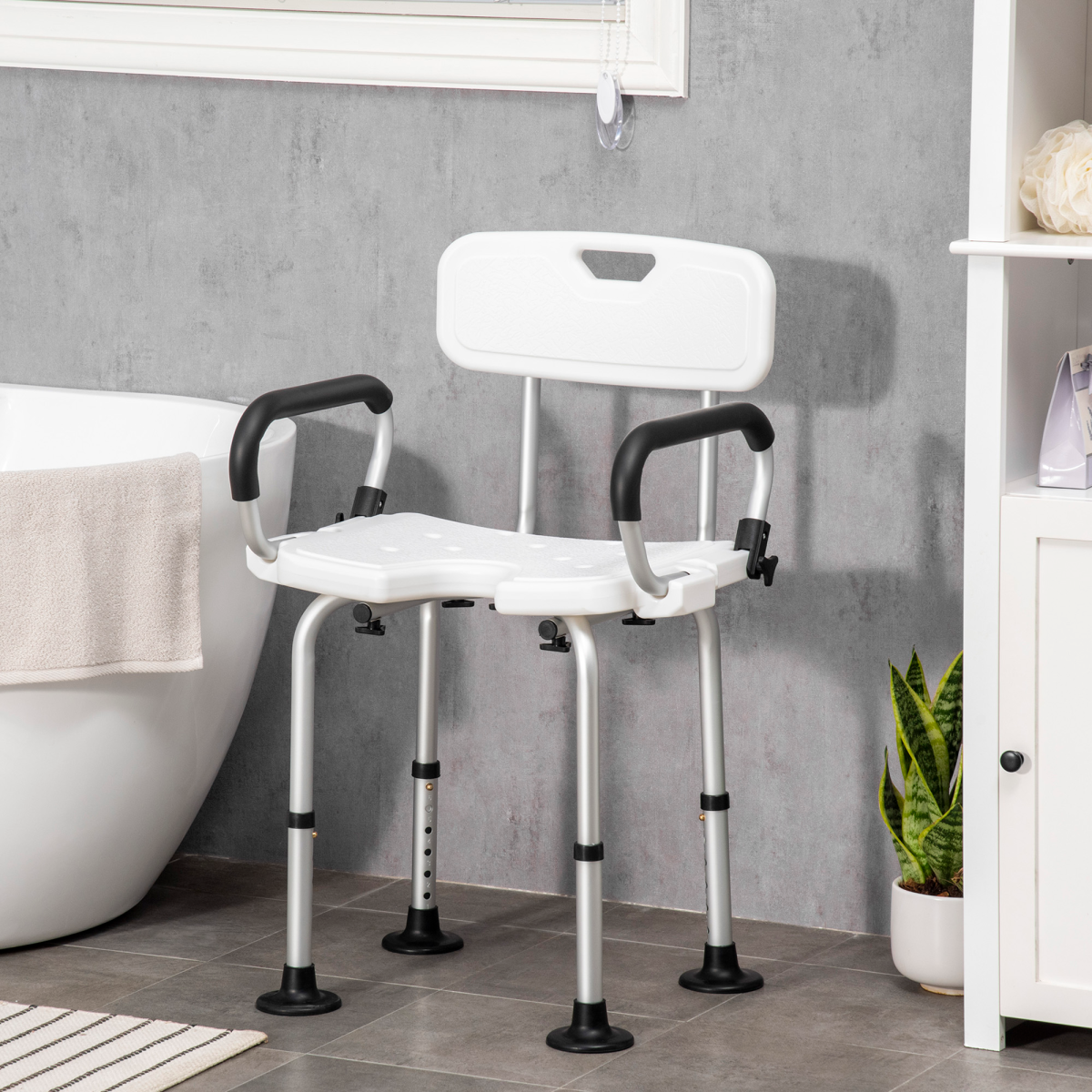 HOMCOM Adjustable Height Shower Stool with Suction Feet, High Back, Padded Arms and Drainage Seat for Elderly and Disabled