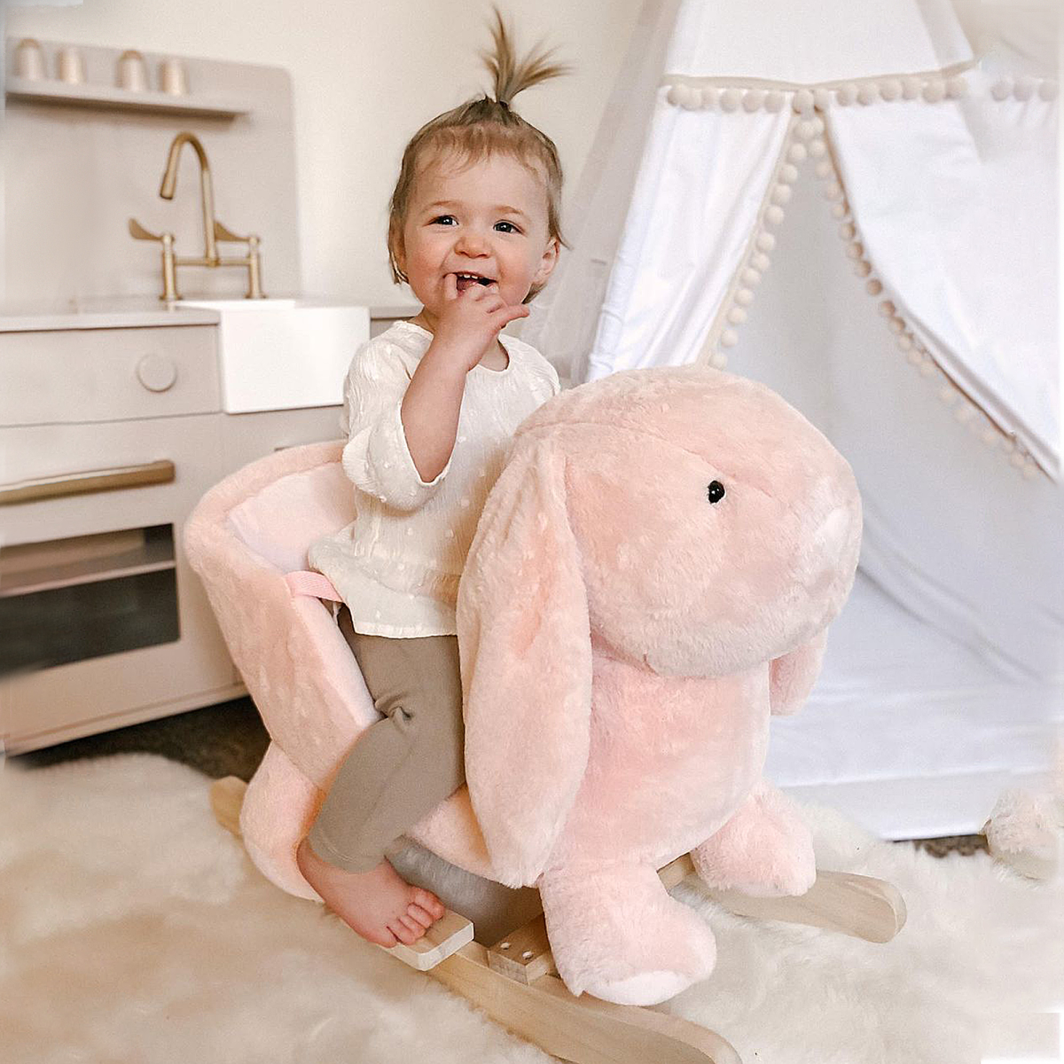 Kids Plush Rocking Rabbit with Sound, Seat Belt & Handlebars