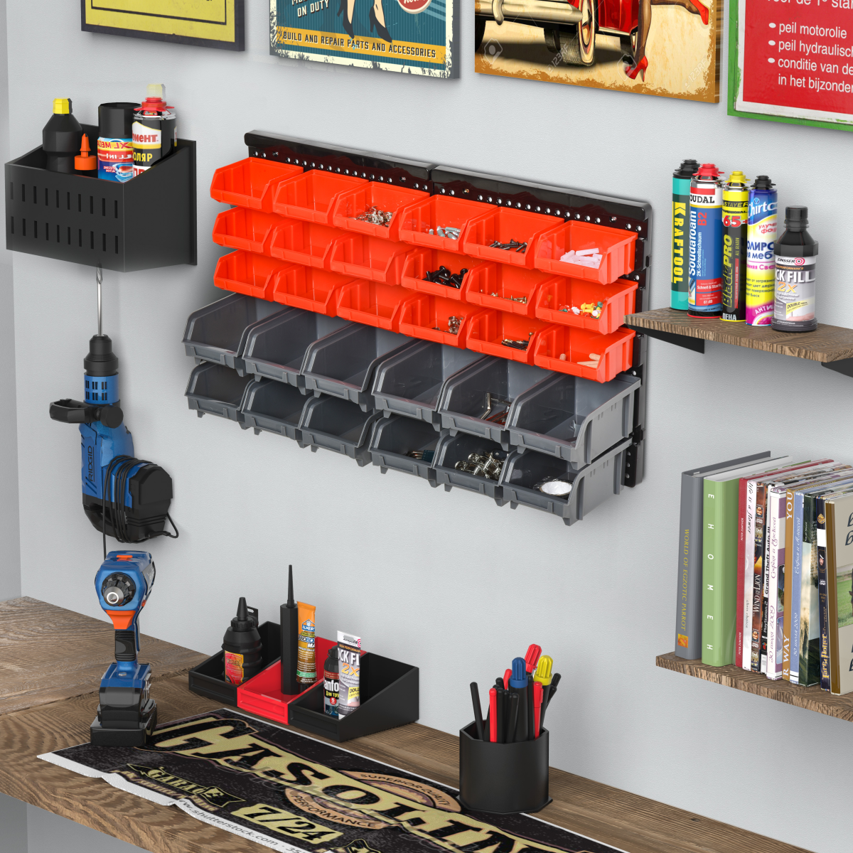 DURHAND Wall Mounted Plastic 30-Compartment Tool Hardware Organiser with Pegboard and Storage Cubbies