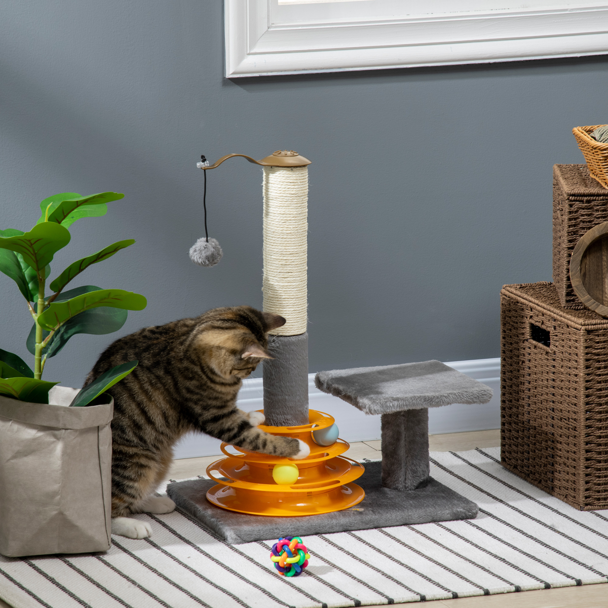 PawHut Grey Cat Tree with Scratching Post & Toys, 56cm