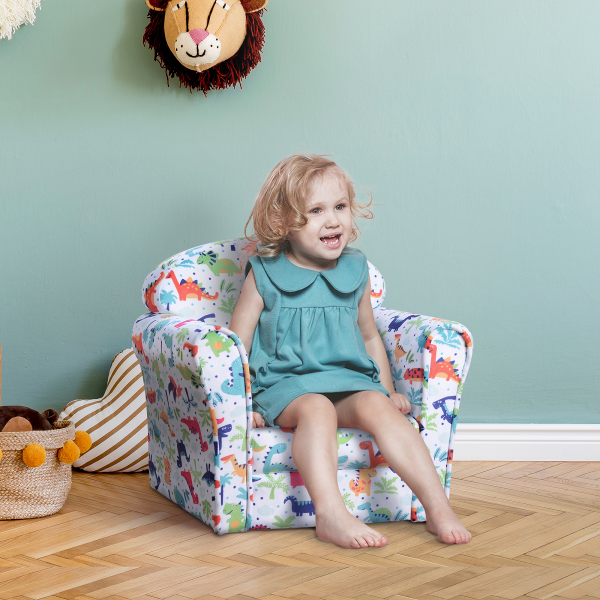HOMCOM Kids Cartoon Dinosaur Mini Sofa Armchair, Flannel Wood