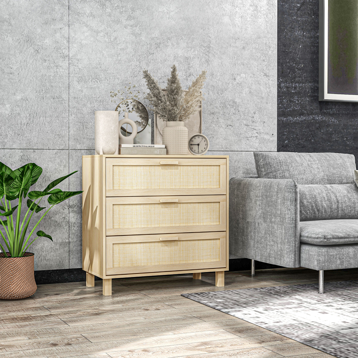 3 Drawer Freestanding Wooden Storage Cabinet with Rattan Weave Panels, Bedroom Chest of Drawers, 80cm Wide