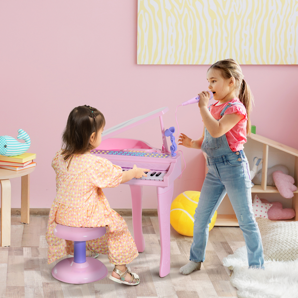 HOMCOM 37-Key Electronic Mini Piano Keyboard with Microphone & Stool, Pink