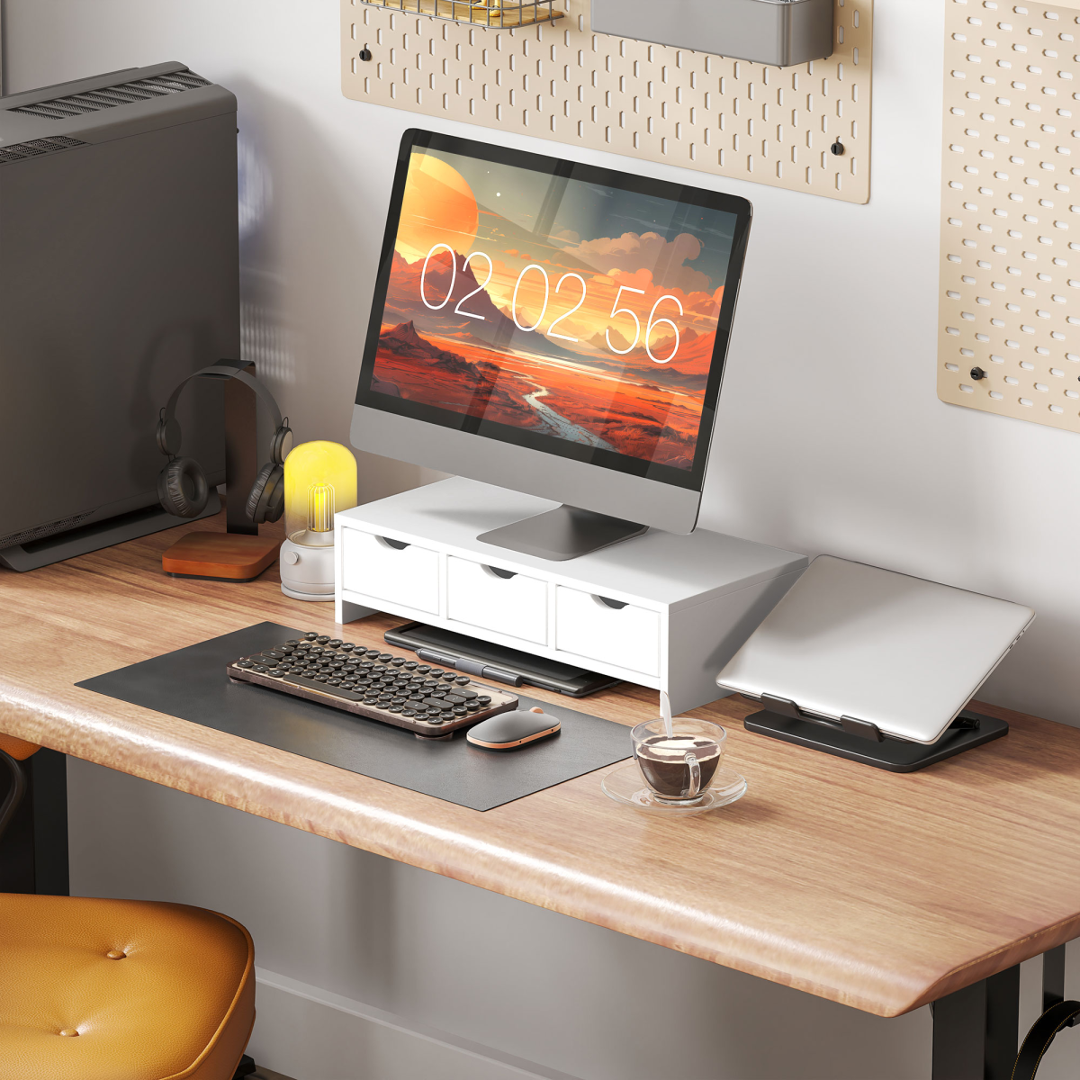 HOMCOM White Monitor Stand Riser with 3 Drawers, Wire Slot