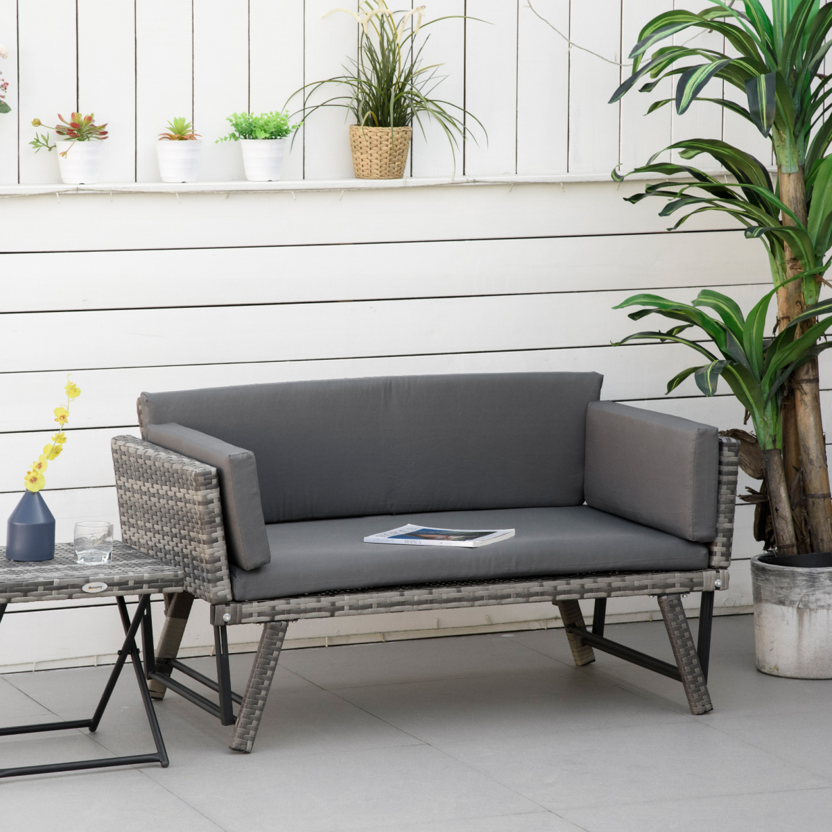 Outsunny 2-in-1 Rattan Folding Outdoor Daybed Sofa, Grey, with Cushion