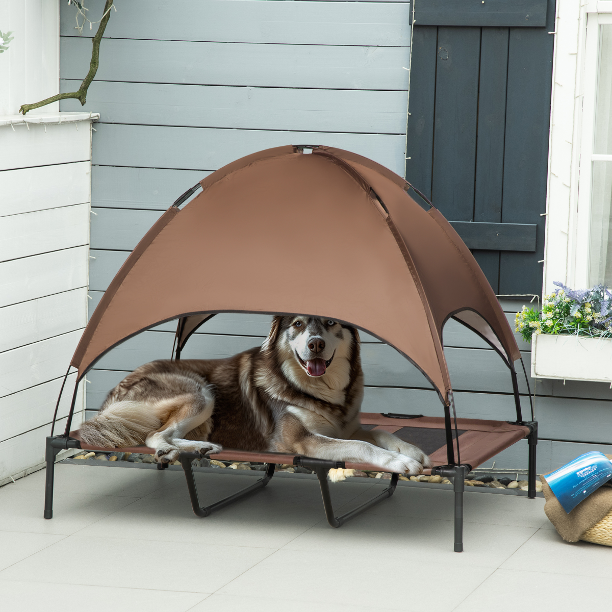 PawHut Elevated Dog Bed Cot with Removable Canopy, Outdoor Shelter