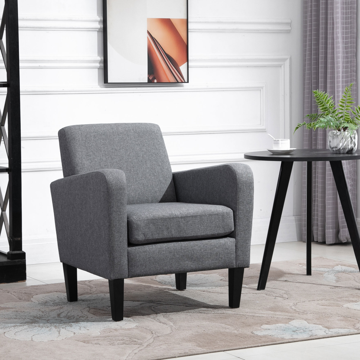 HOMCOM Modern Curved Linen Armchair with Thick Cushion and Wooden Legs, Grey