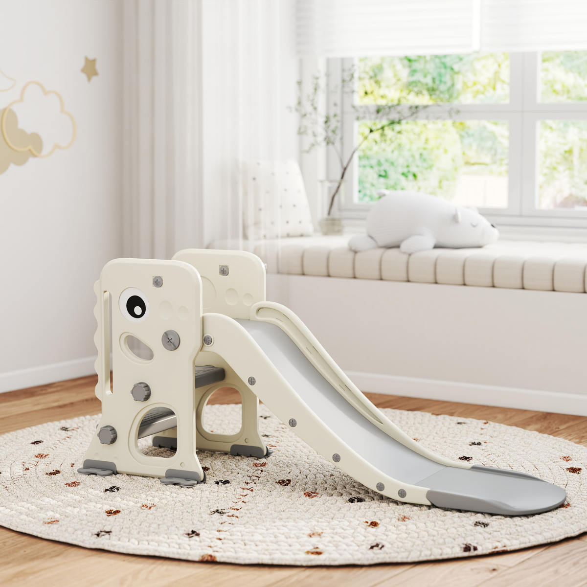 AIYAPLAY Foldable 3-in-1 Kids Slide, Climber & Basketball Hoop