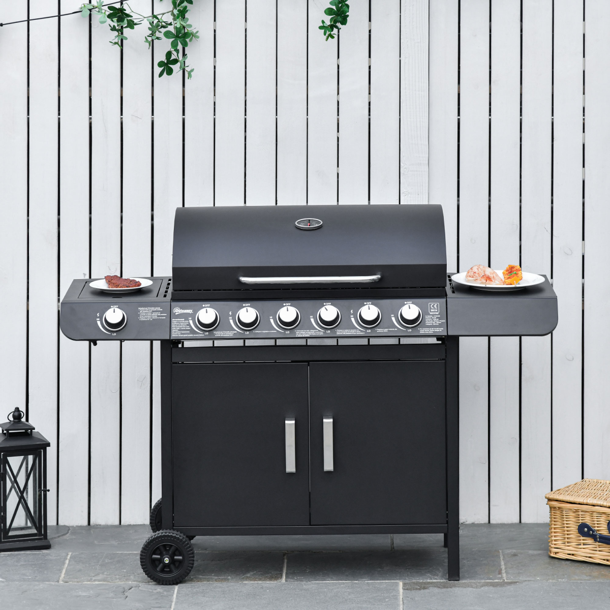Outsunny 6+1 Burner Gas BBQ Grill with Side Burner, Wheels & Cabinet