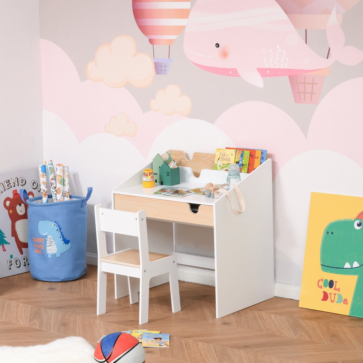 Two-Piece Kids Desk and Chair Set Children Study Table w/ Storage