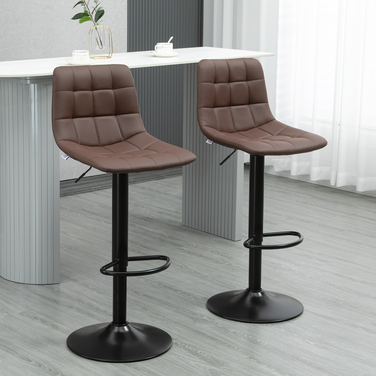 HOMCOM Set of 2 Adjustable Swivel Stools with Footrest, Faux Leather, Brown