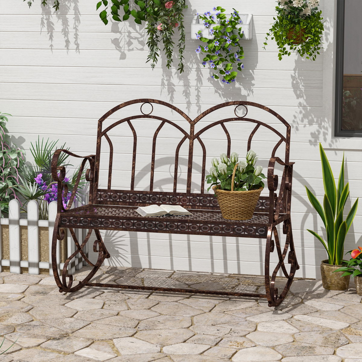Outsunny 2-Seater Metal Rocking Garden Bench, Bronze