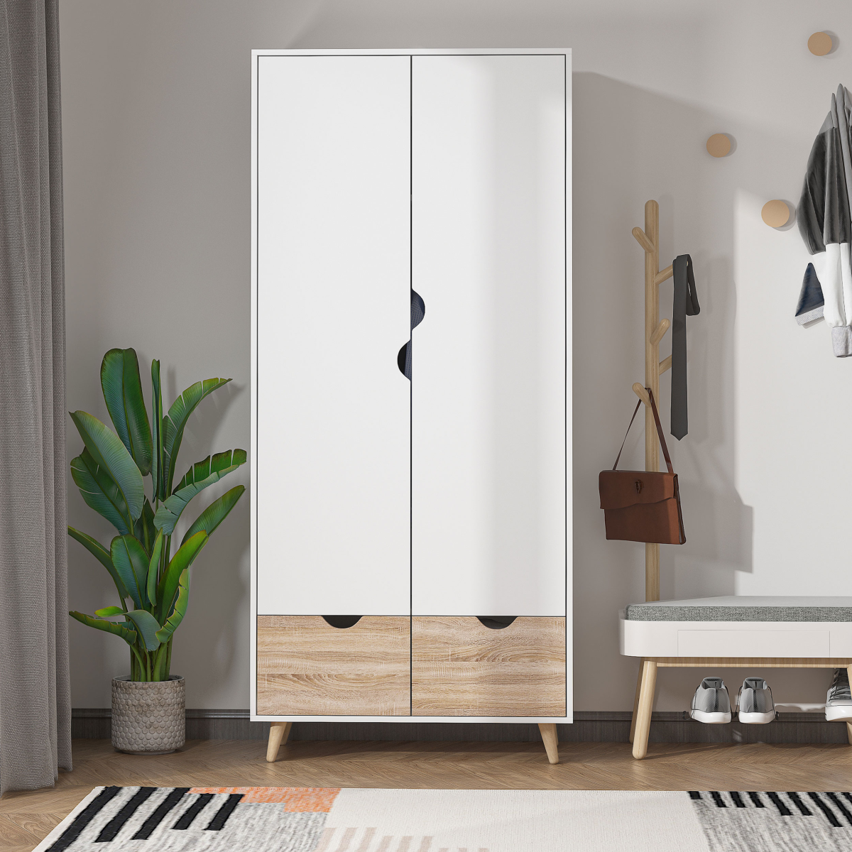 HOMCOM Particle Board Wardrobe with 2 Drawers, Metal Clothes Rod and Shelf