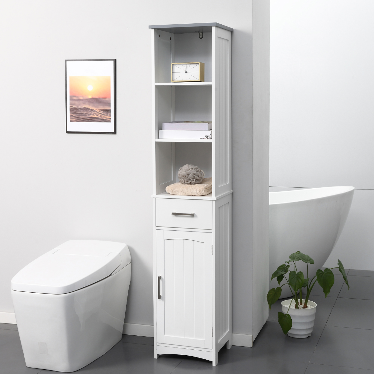 kleankin Tall Slim Freestanding Bathroom Storage Cabinet with 3 Shelves, Drawer and Cupboard, White