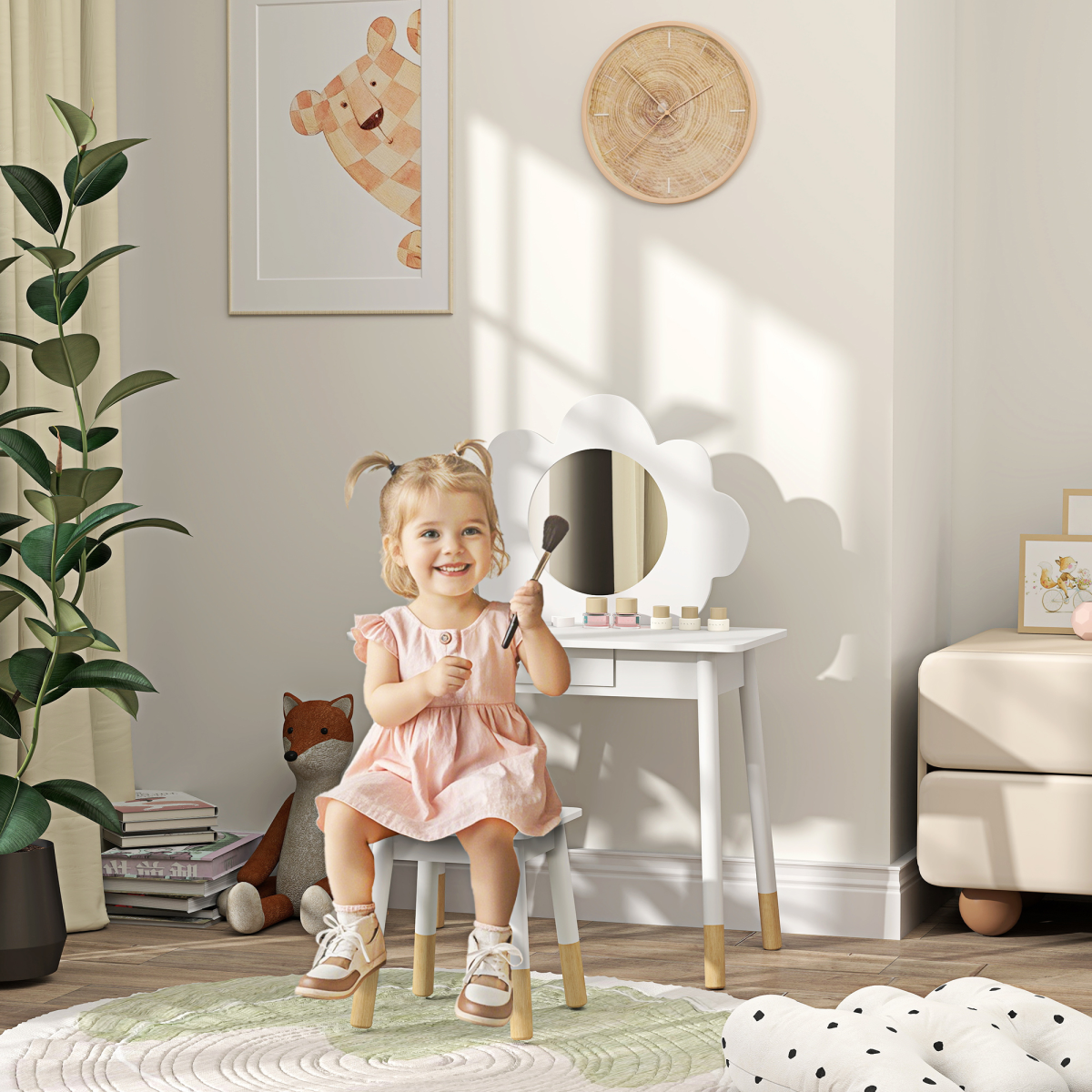 AIYAPLAY Kids Cloud Dressing Table Set with Mirror, Stool & Drawer