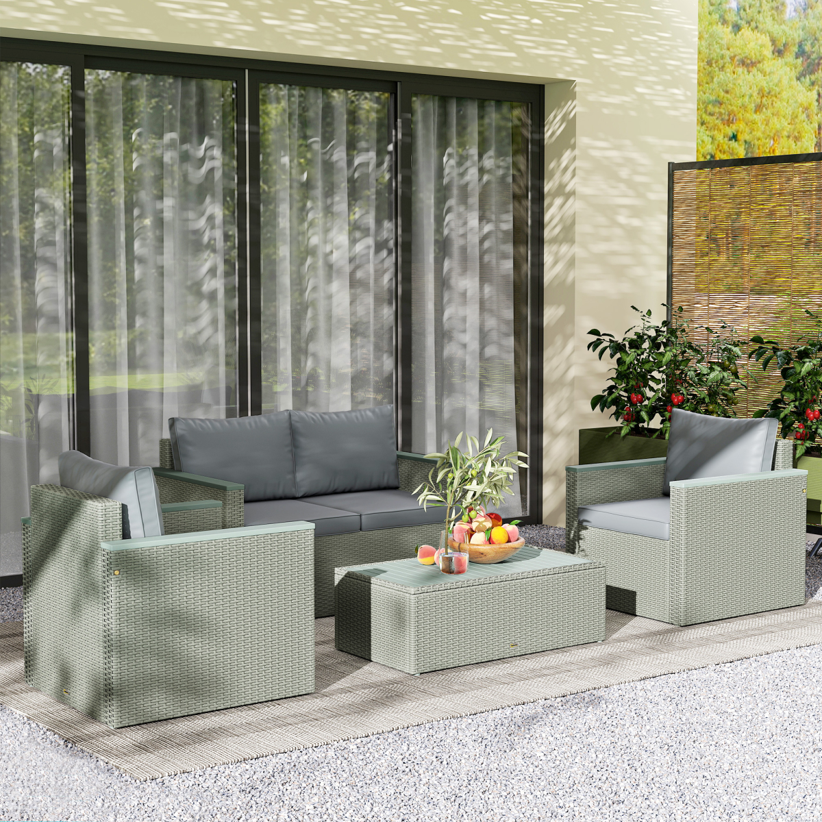 Outsunny 4-Piece Rattan Patio Furniture Set with Cushions, Light Grey
