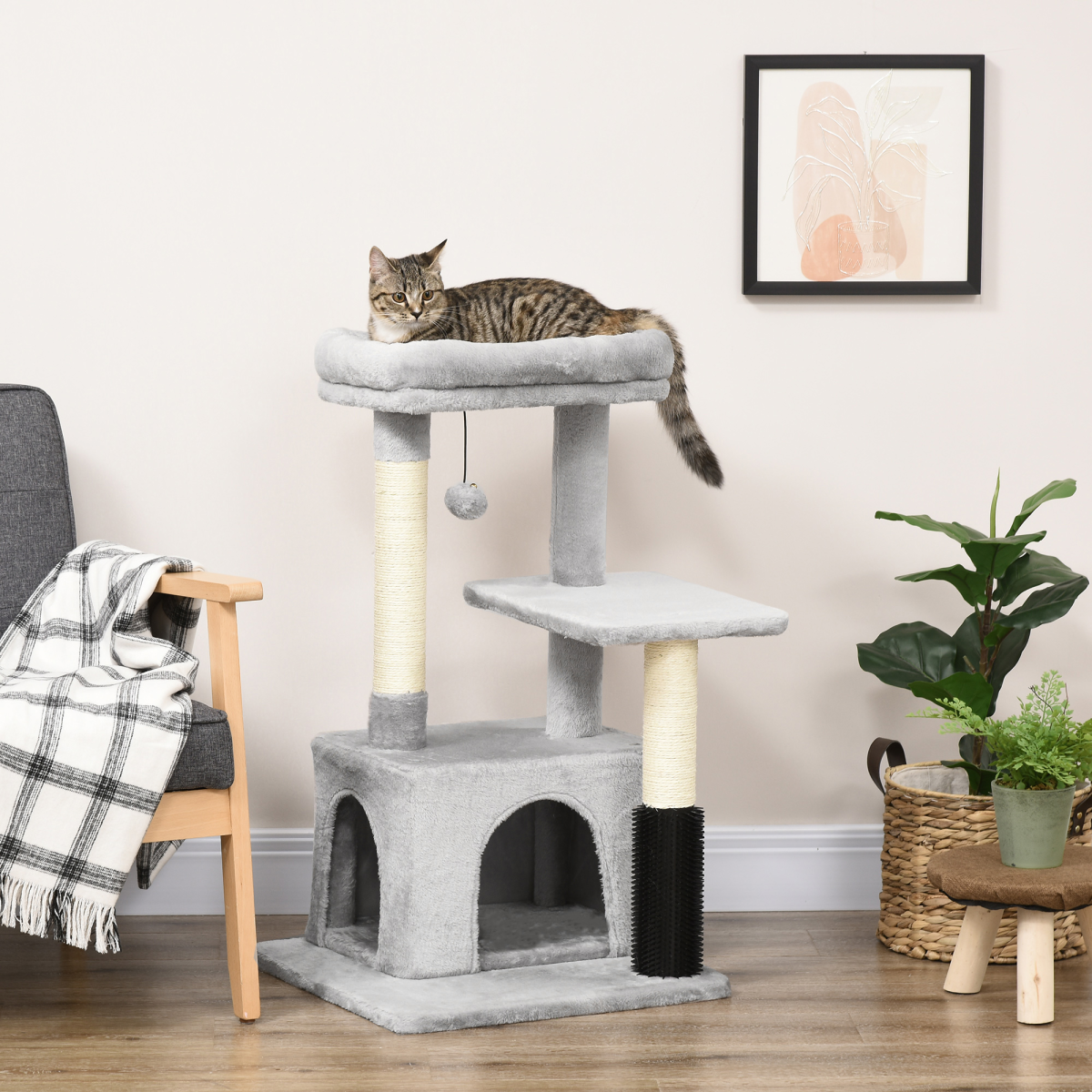 PawHut Cat Tree Climbing Activity Center with Sisal Scratching Surface, Multi-Level Design, Soft-Padded Bed, Hanging Toy, Washable Top Bed