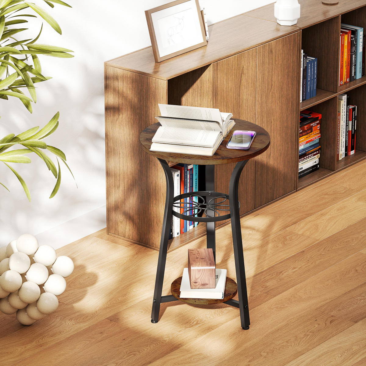 HOMCOM 38 cm Round 3-Tier Industrial Side Table, Rustic Brown