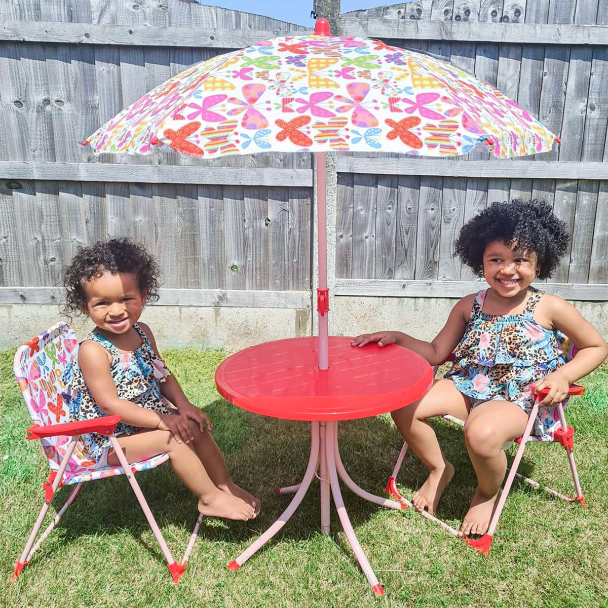 Kids 4-Piece Folding Picnic Table and Chair Set with Butterfly Parasol