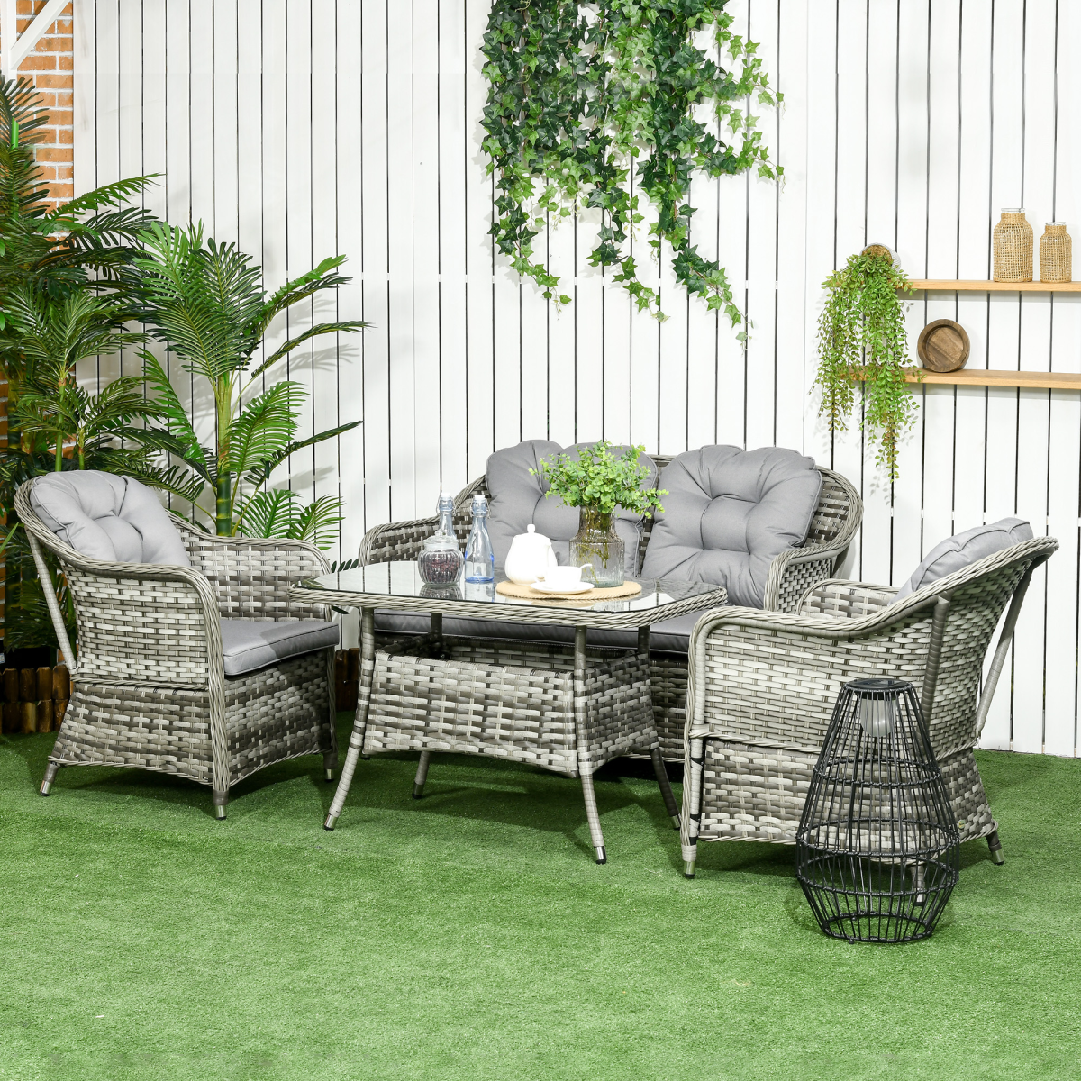 Outsunny 4 Piece Rattan Garden Sofa Set with Glass Top Table