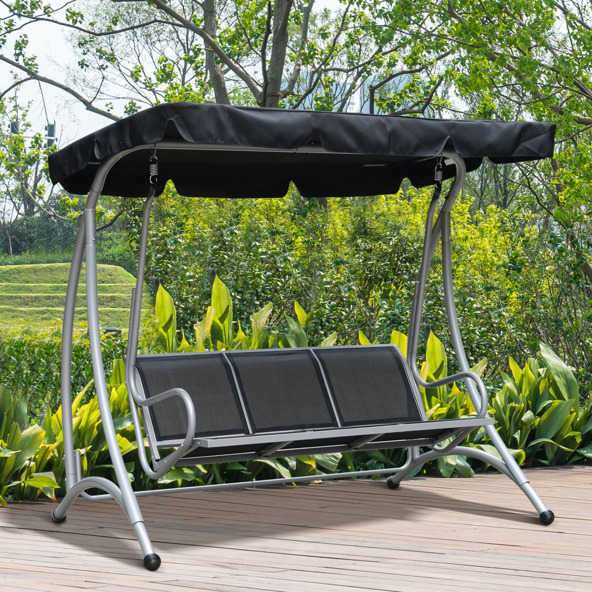 Outsunny 3-Person Steel Outdoor Swing Chair with Adjustable Canopy, Black Mesh Seat