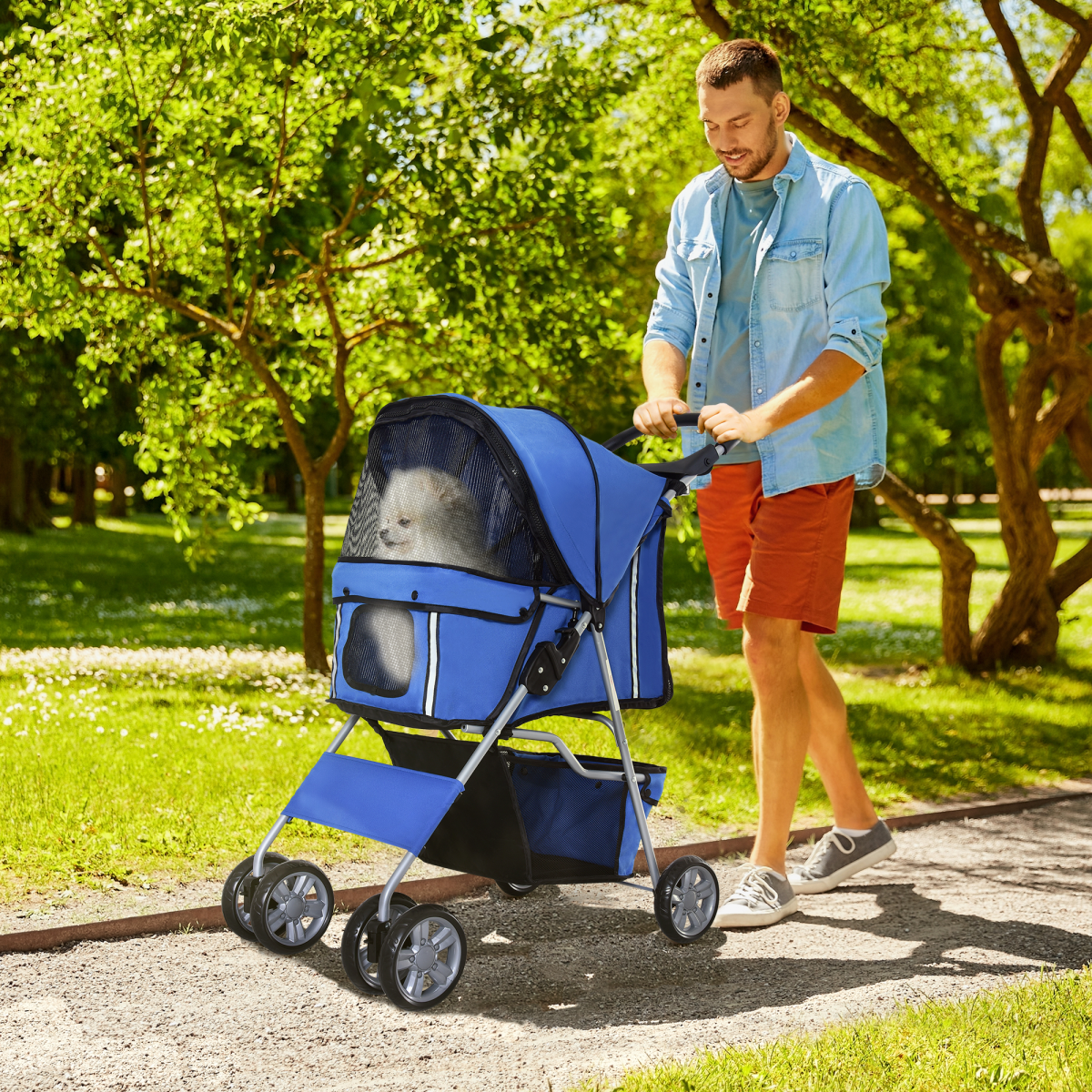 PawHut Foldable Pet Stroller for Small Dogs, 4-Wheel Jogger Pushchair with Brake, Mesh Windows, Storage Compartment and Cup Holder