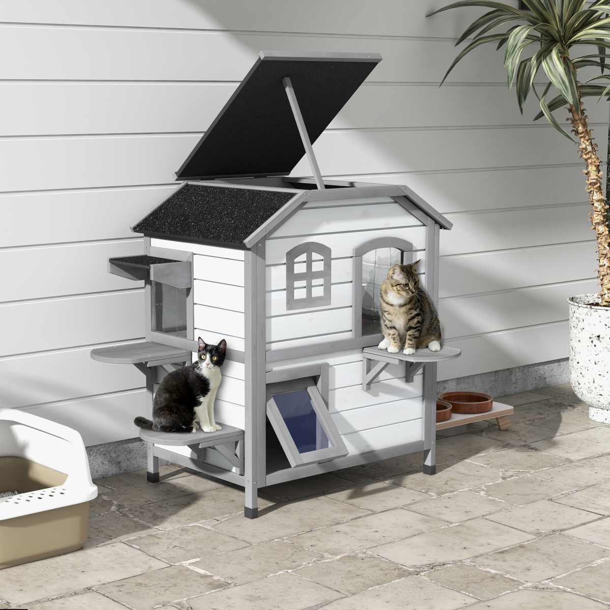 PawHut Wooden Cat Condo with Openable Roof, Indoor/Outdoor, White