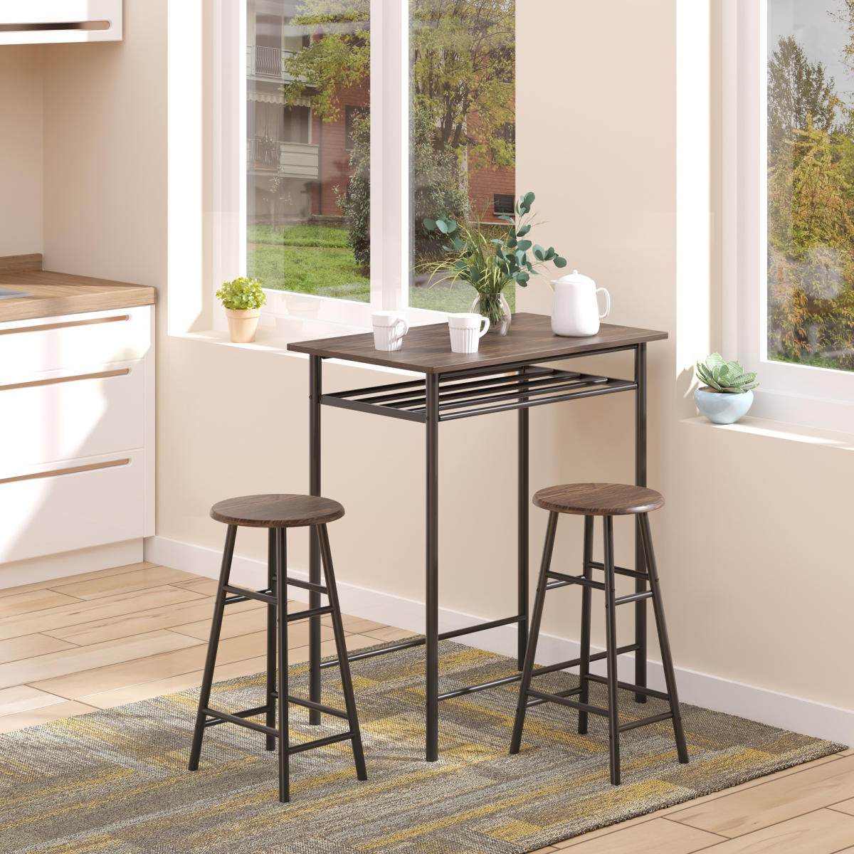 HOMCOM Bar Set with 1 Table and 2 Stools, Metal Frame, Black and Oak