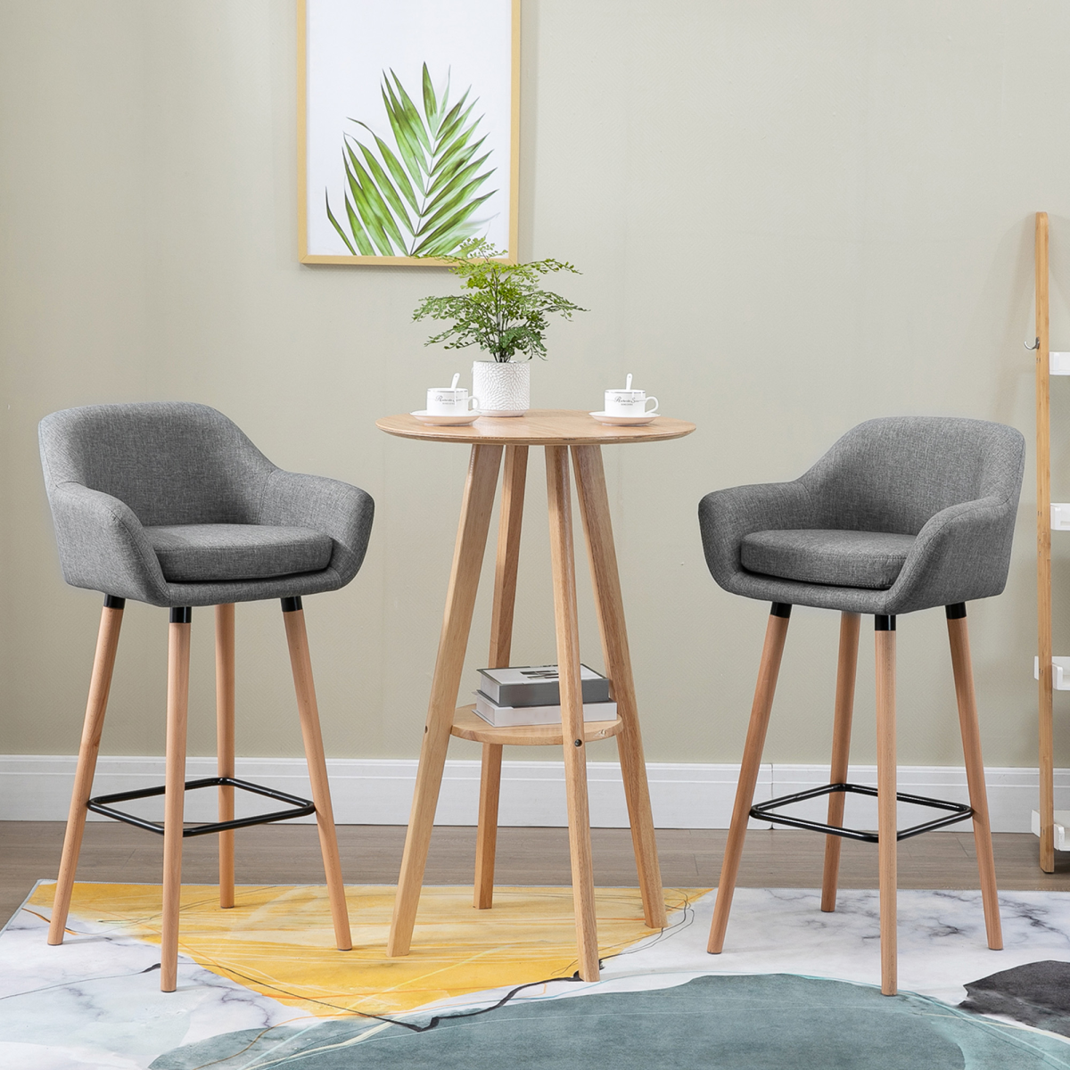 2-Piece Upholstered Linen Bar Stools with Solid Wood Legs, Grey