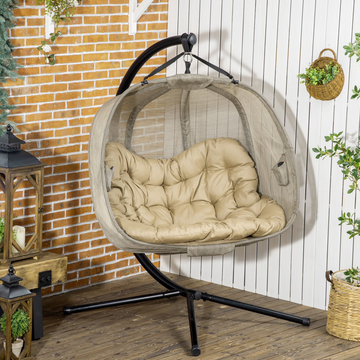 Outsunny 2-Seater Double Hanging Egg Chair with Cushion, Brown