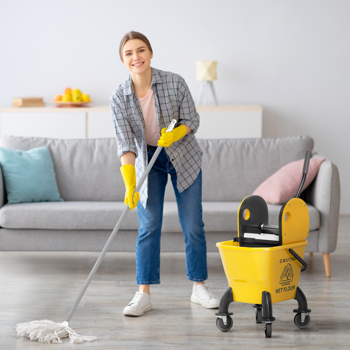 HOMCOM 26L Mop Bucket with Wringer, Wheels, Mop Included, Yellow