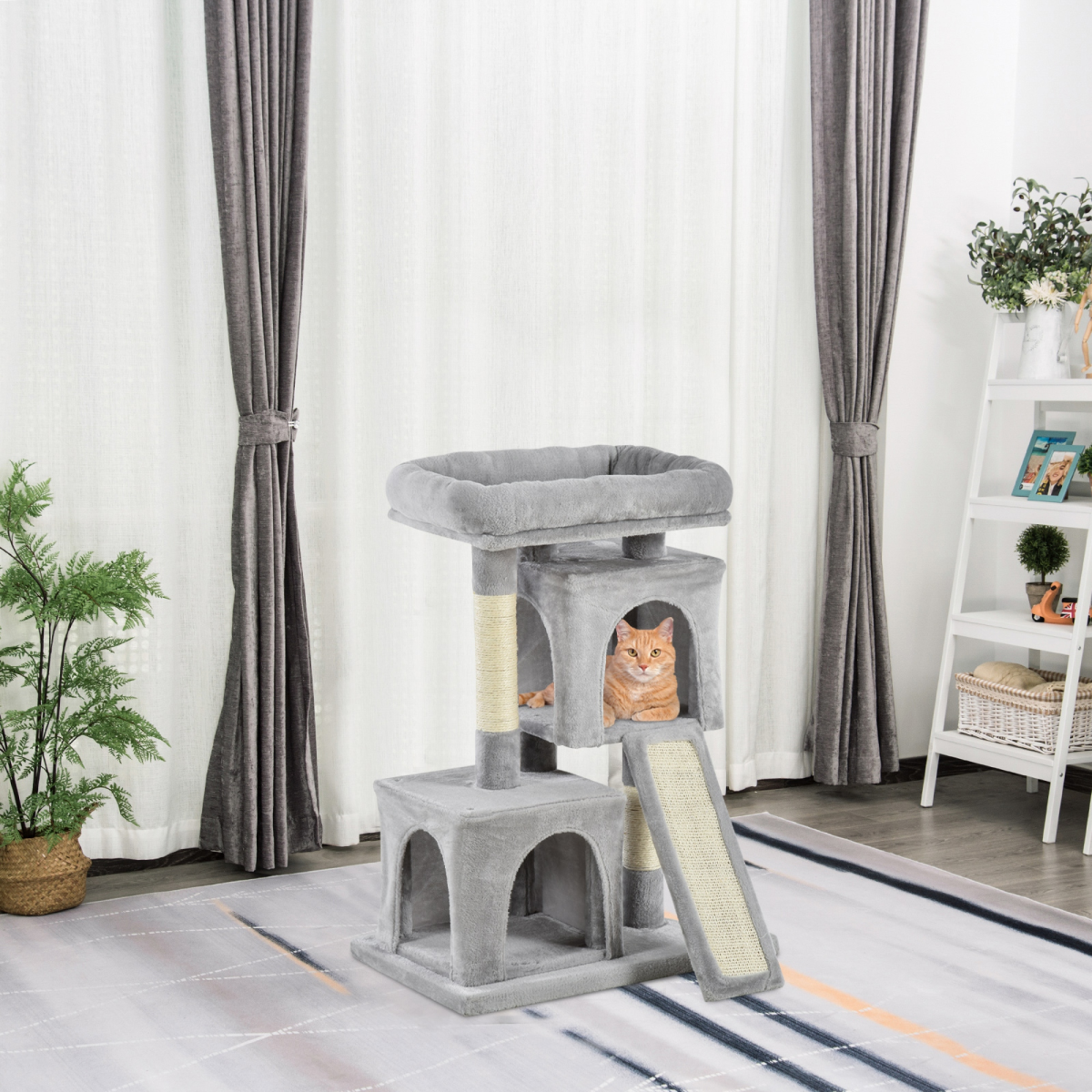 PawHut Cat Activity Tree with 2 Houses, Cushioned Top Perch, Sisal Scratching Posts, Grey