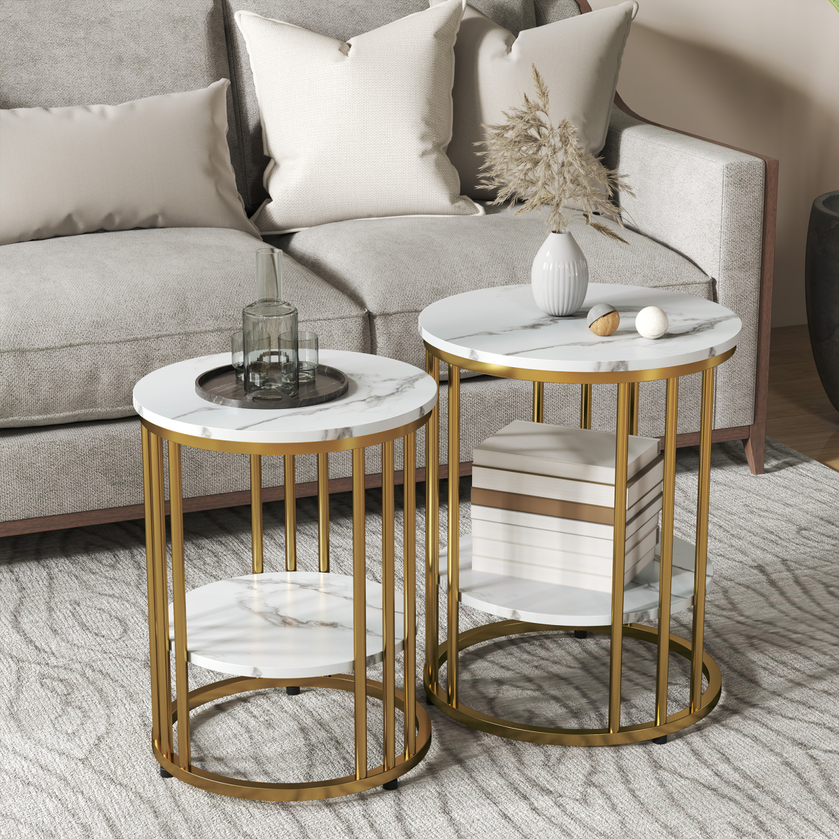 Set of 2 Marble-Effect Tables with Gold Tone Legs for Home & Office