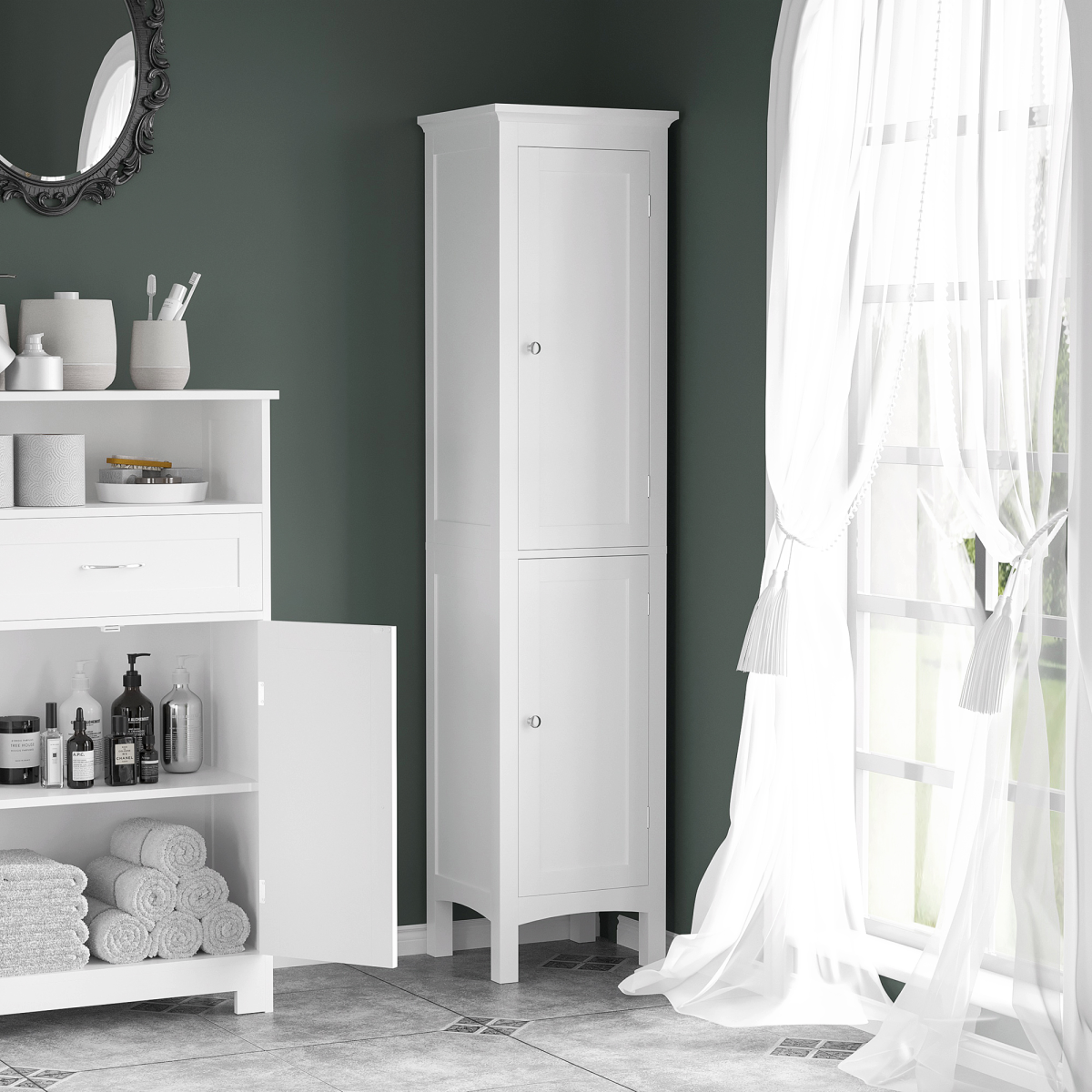 kleankin Tall Bathroom Cabinet, Double Door, Adjustable Shelves, White