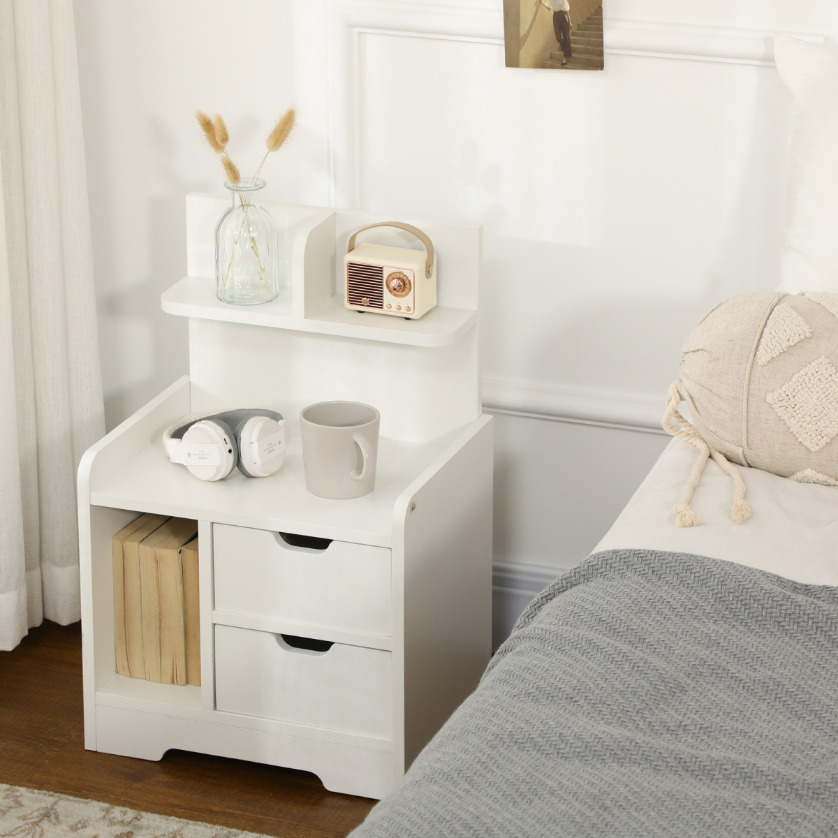 Modern Bedside Table with 2 Drawers and Storage Shelves, Nightstand for Bedroom and Living Room